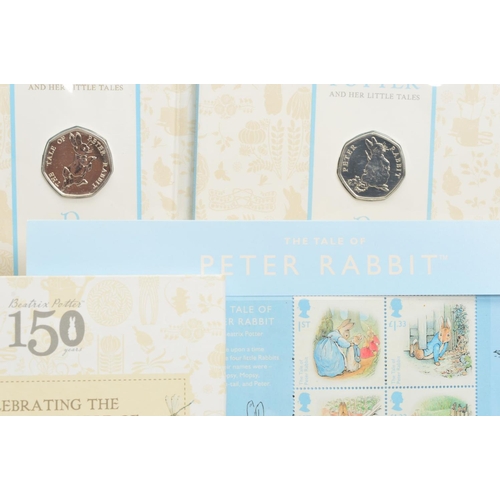 79 - A BOX CONTAINING ROYAL MINT AND BEATRIX POTTER RELATED  ITEMS, to include six Royal Mint packs of fi... 