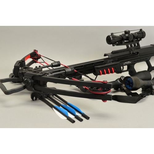 792 - AN ANGLO ARMS MODEL 'THE LEGEND' COMPOUND CROSSBOW, fitted with a 4x32 scope, together with three bo...