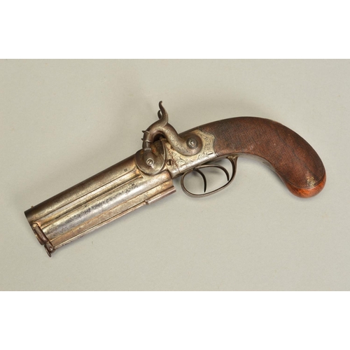 793 - A 40 BORE OVER AND UNDER PERCUSSION PISTOL, fitted with 5'' barrels, in working condition, virtually... 