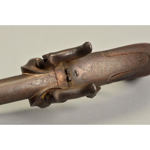 793 - A 40 BORE OVER AND UNDER PERCUSSION PISTOL, fitted with 5'' barrels, in working condition, virtually... 