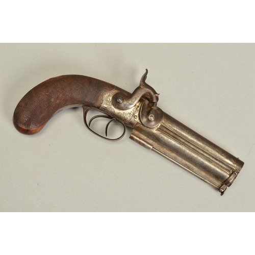 793 - A 40 BORE OVER AND UNDER PERCUSSION PISTOL, fitted with 5'' barrels, in working condition, virtually... 