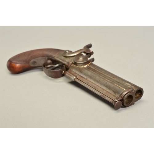 793 - A 40 BORE OVER AND UNDER PERCUSSION PISTOL, fitted with 5'' barrels, in working condition, virtually... 