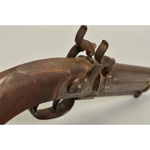 793 - A 40 BORE OVER AND UNDER PERCUSSION PISTOL, fitted with 5'' barrels, in working condition, virtually... 