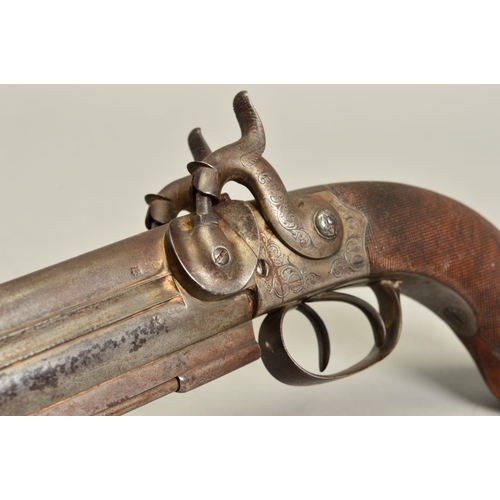 793 - A 40 BORE OVER AND UNDER PERCUSSION PISTOL, fitted with 5'' barrels, in working condition, virtually... 