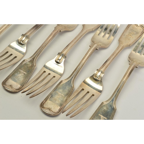 84 - A SET OF SIX VICTORIAN SILVER FIDDLE AND THREAD PATTERN TABLESPOONS AND FORKS, all pieces engraved w... 