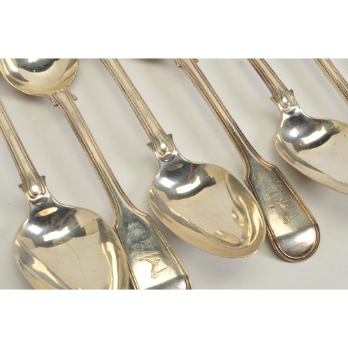 84 - A SET OF SIX VICTORIAN SILVER FIDDLE AND THREAD PATTERN TABLESPOONS AND FORKS, all pieces engraved w... 