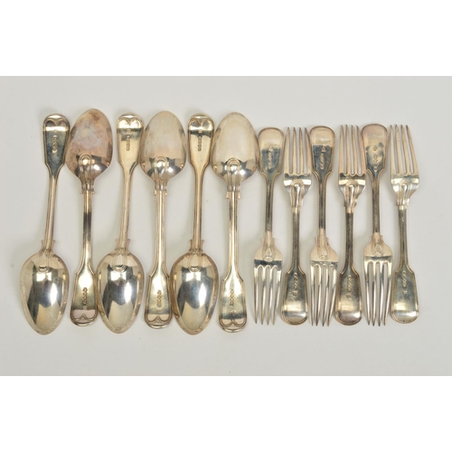 84 - A SET OF SIX VICTORIAN SILVER FIDDLE AND THREAD PATTERN TABLESPOONS AND FORKS, all pieces engraved w... 