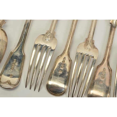 84 - A SET OF SIX VICTORIAN SILVER FIDDLE AND THREAD PATTERN TABLESPOONS AND FORKS, all pieces engraved w... 