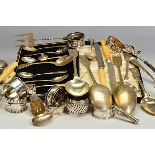 85 - A PARCEL OF SILVER AND WHITE METAL, to include two pairs of Victorian Fiddle pattern tablespoons, Lo... 