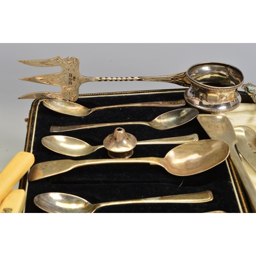 85 - A PARCEL OF SILVER AND WHITE METAL, to include two pairs of Victorian Fiddle pattern tablespoons, Lo... 