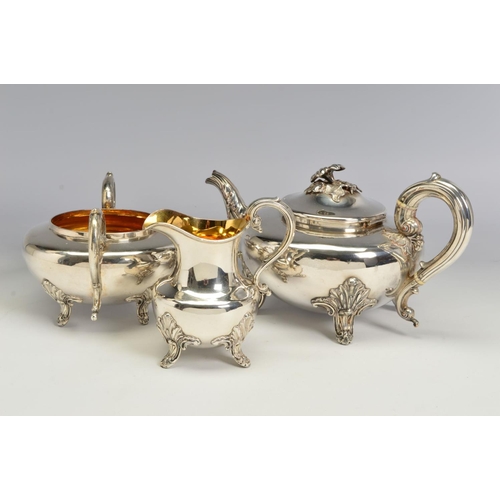 87 - AN EARLY VICTORIAN OLD SHEFFIELD PLATE TEA SERVICE, of flattened circular form, gilt interiors, engr... 