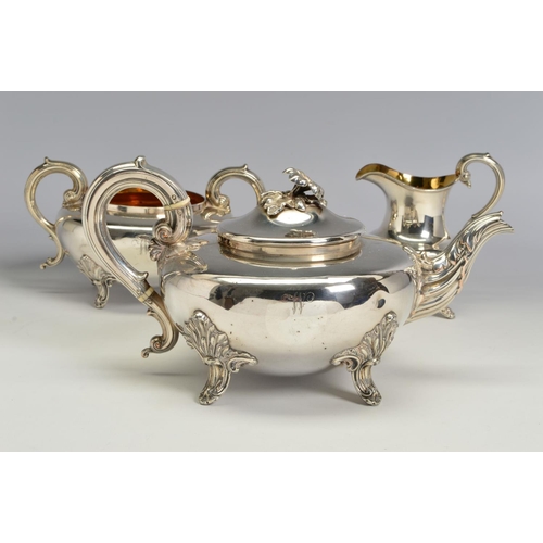 87 - AN EARLY VICTORIAN OLD SHEFFIELD PLATE TEA SERVICE, of flattened circular form, gilt interiors, engr... 