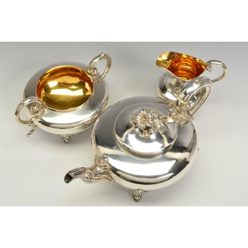 87 - AN EARLY VICTORIAN OLD SHEFFIELD PLATE TEA SERVICE, of flattened circular form, gilt interiors, engr... 