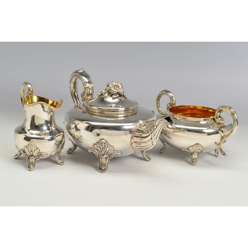 87 - AN EARLY VICTORIAN OLD SHEFFIELD PLATE TEA SERVICE, of flattened circular form, gilt interiors, engr... 