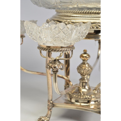 89 - AN EARLY 19TH CENTURY OLD SHEFFIELD PLATE CENTREPIECE, with central circular cut glass bowl in a gad... 