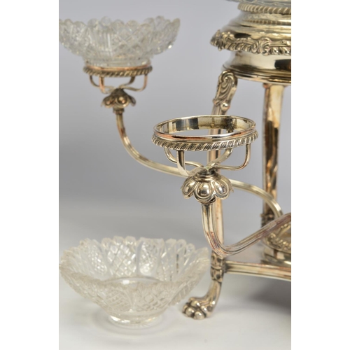 89 - AN EARLY 19TH CENTURY OLD SHEFFIELD PLATE CENTREPIECE, with central circular cut glass bowl in a gad... 