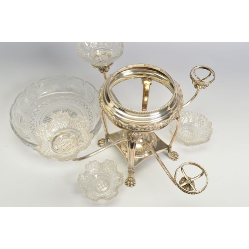 89 - AN EARLY 19TH CENTURY OLD SHEFFIELD PLATE CENTREPIECE, with central circular cut glass bowl in a gad... 