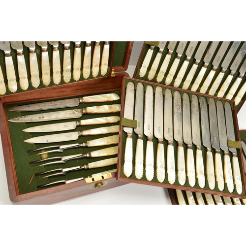 94 - A 19TH CENTURY MAHOGANY CASED SET OF MOTHER OF PEARL HANDLED CUTLERY, comprising twenty four table k... 