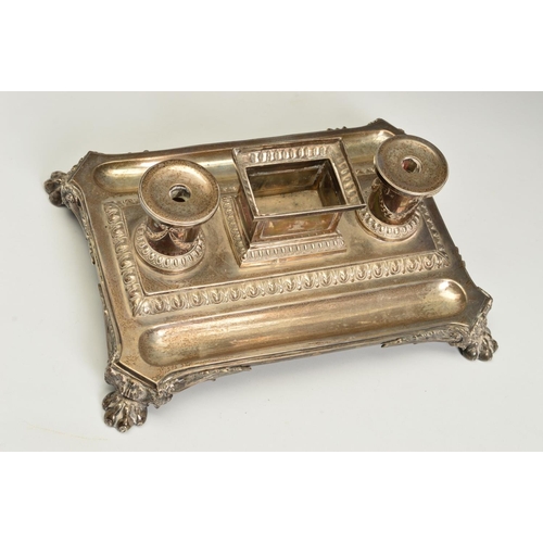 96 - A VICTORIAN SILVER INKSTAND, of shaped rectangular form, fitted with a central deep rectangular open... 