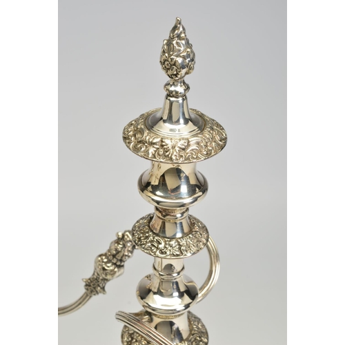 99 - A PAIR OF VICTORIAN OLD SHEFFIELD PLATE THREE BRANCH CANDELABRA, each with detachable foliate flame ... 