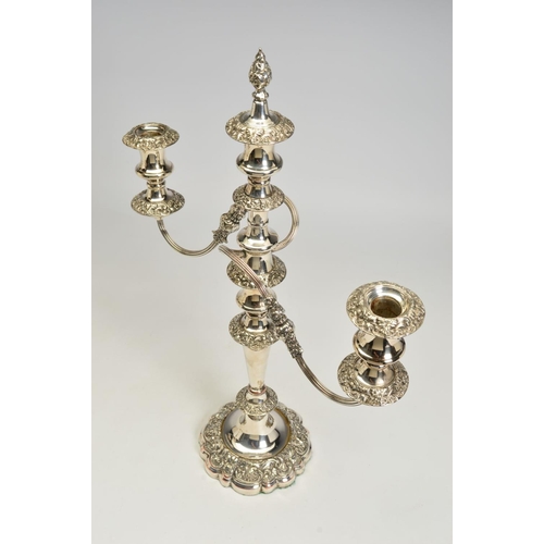 99 - A PAIR OF VICTORIAN OLD SHEFFIELD PLATE THREE BRANCH CANDELABRA, each with detachable foliate flame ... 