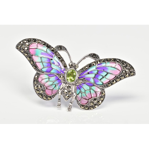 10 - A PLIQUE-A-JOUR BUTTERFLY PENDANT/BROOCH, designed with an oval peridot body, purple, green and pink... 