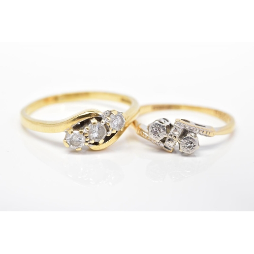 102 - TWO DIAMOND SET RINGS, the first of crossover design set with three round brilliant cut diamonds, st... 