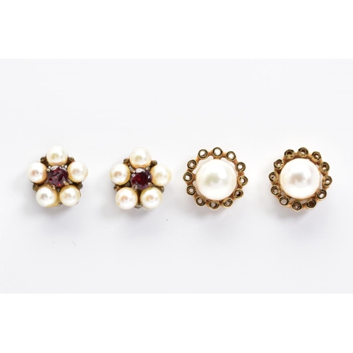 107 - TWO PAIRS OF EARRINGS, the first pair each set with cultured pearls and a central circular cut garne... 