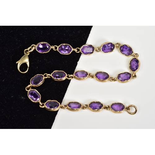 108 - A 9CT GOLD AMETHYST SET BRACELET, designed with sixteen oval cut amethyst links within collet mounts... 