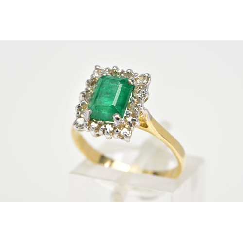 109 - AN EMERALD AND DIAMOND RING, designed with a central rectangular cut emerald and a single cut diamon... 