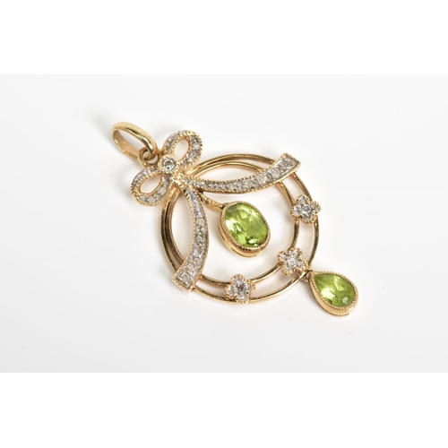 119 - A 9CT GOLD DIAMOND AND PERIDOT SET PENDANT, the open work circular design suspending a pear and oval... 