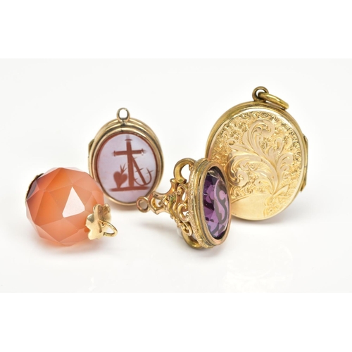 128 - FOUR ITEMS OF JEWELLERY, to include a 9ct front and back locket of oval outline with engraved scroll... 