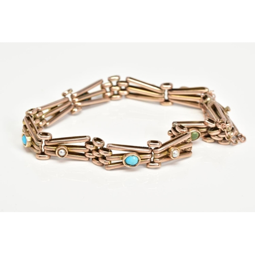 141 - AN EARLY 20TH CENTURY 9CT GOLD GATE BRACELET, each panel set with turquoise or split pearls, to the ... 