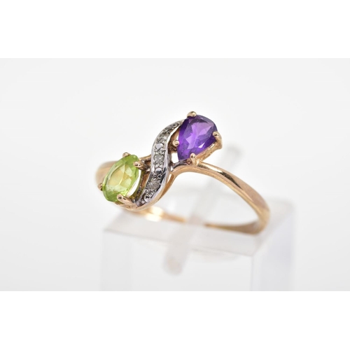 148 - A 9CT GOLD AMETHYST AND PERIDOT RING, of crossover design set with a pear cut amethyst and peridot i... 