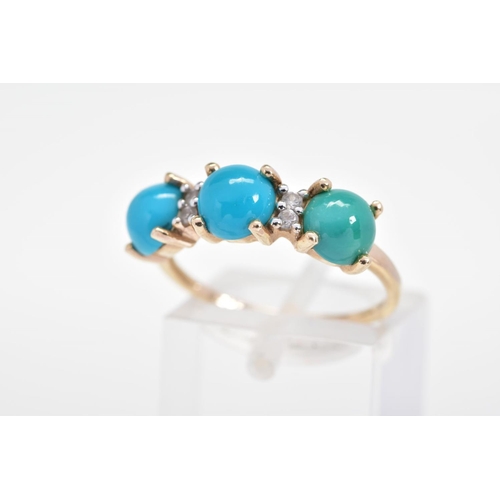 152 - A 9CT GOLD RING, set with three circular blue paste and turquoise cabochons interspaced by colourles... 