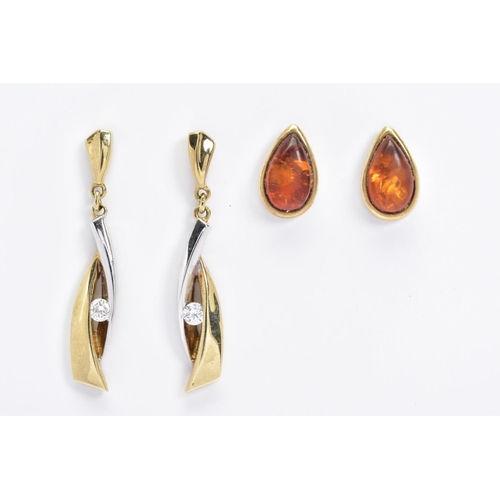156 - TWO PAIORS OF 9CT GOLD EARRINGS, the first pair designed as stud earrings set with pear shape modifi... 