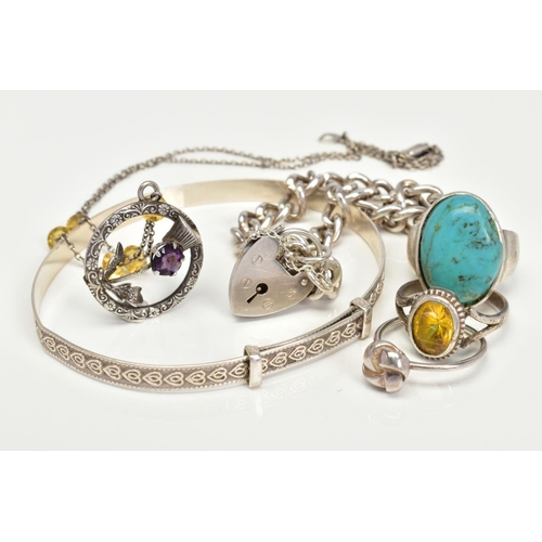 159 - SIX ITEMS OF SILVER AND WHITE METAL JEWELLERY, to include an expandable bangle, a turquoise cabochon... 