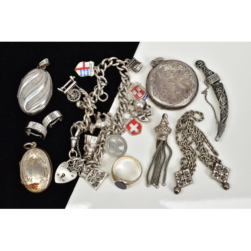 161 - A SELECTION OF SILVER AND WHITE METAL JEWELLERY, to include a charm bracelet, three lockets, a signe... 