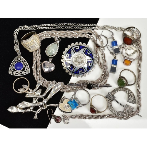 162 - A SELECTION OF SILVER AND WHITE METAL JEWELLERY, to include a Mexican brooch, a Scottish tara brooch... 