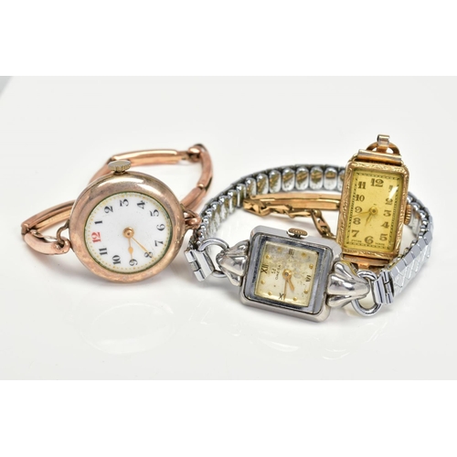 166 - THREE LADIES WRISTWATCHES, firstly a rolled gold wristwatch, white dial with Arabic numerals and gol... 
