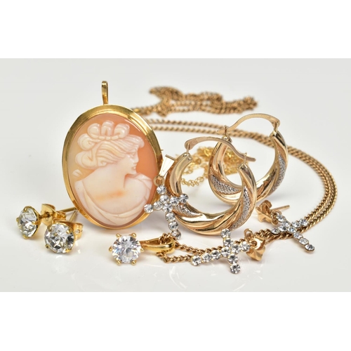 169 - TWO PENDANT AND EARRING SETS, A CAMEO BROOCH AND A PAIR OF HOOP EARRINGS, the hinged hoop earrings s... 