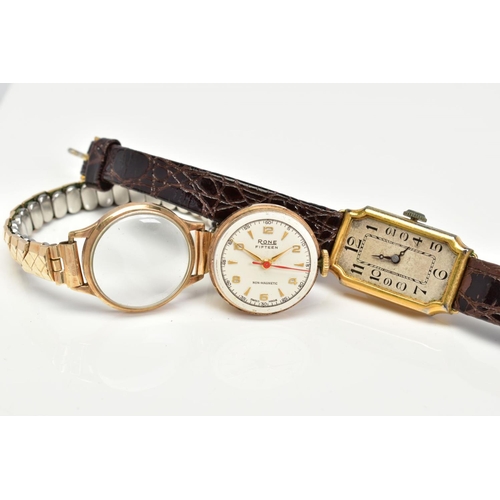 170 - A 9CT RONE WRISTWATCH, cream dial with alternating Arabic and pointed markers, gold coloured hands a... 