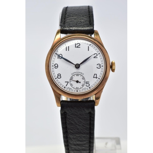 171 - A 9CT LONGINES WRISTWATCH, white dial with Arabic numerals, subsidiary seconds, signed Longines 15 j... 