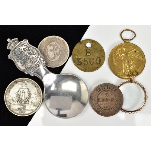 179 - A SELECTION OF ITEMS, to include a caddy spoon, a double sided photograph pendant, stamped 9ct, a 19... 