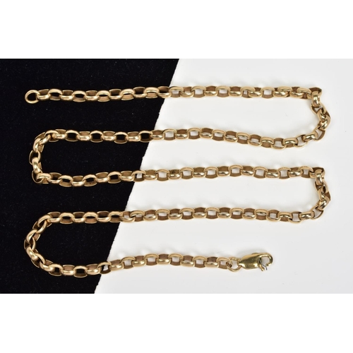 192 - A 9CT GOLD OVAL BELCHER CHAIN, measuring approximately 600mm in length, fitted to a trigger style cl... 