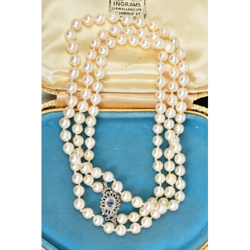 204 - A CULTURED PEARL NECKLACE WITH 18CT WHITE GOLD CLASP, designed as a single row of near uniform cultu... 