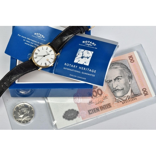 220 - A GENTLEMAN'S ROTARY WRISTWATCH, WITH BANK NOTE AND COIN, the watch designed with a white circular f... 
