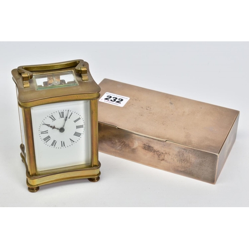 232 - A BRASS CARRIAGE CLOCK AND A SILVER CIGARETTE BOX, the carriage clock with white face, black Roman n... 