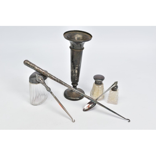 233 - A SELECTION OF SILVERWARE, to include an early 20th Century silver posy vase of tapered form, with s... 