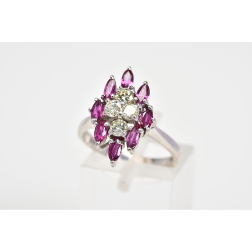 26 - A LATE 20TH CENTURY RUBY AND DIAMOND DRESS RING, marquise cluster head, estimated total diamond weig... 